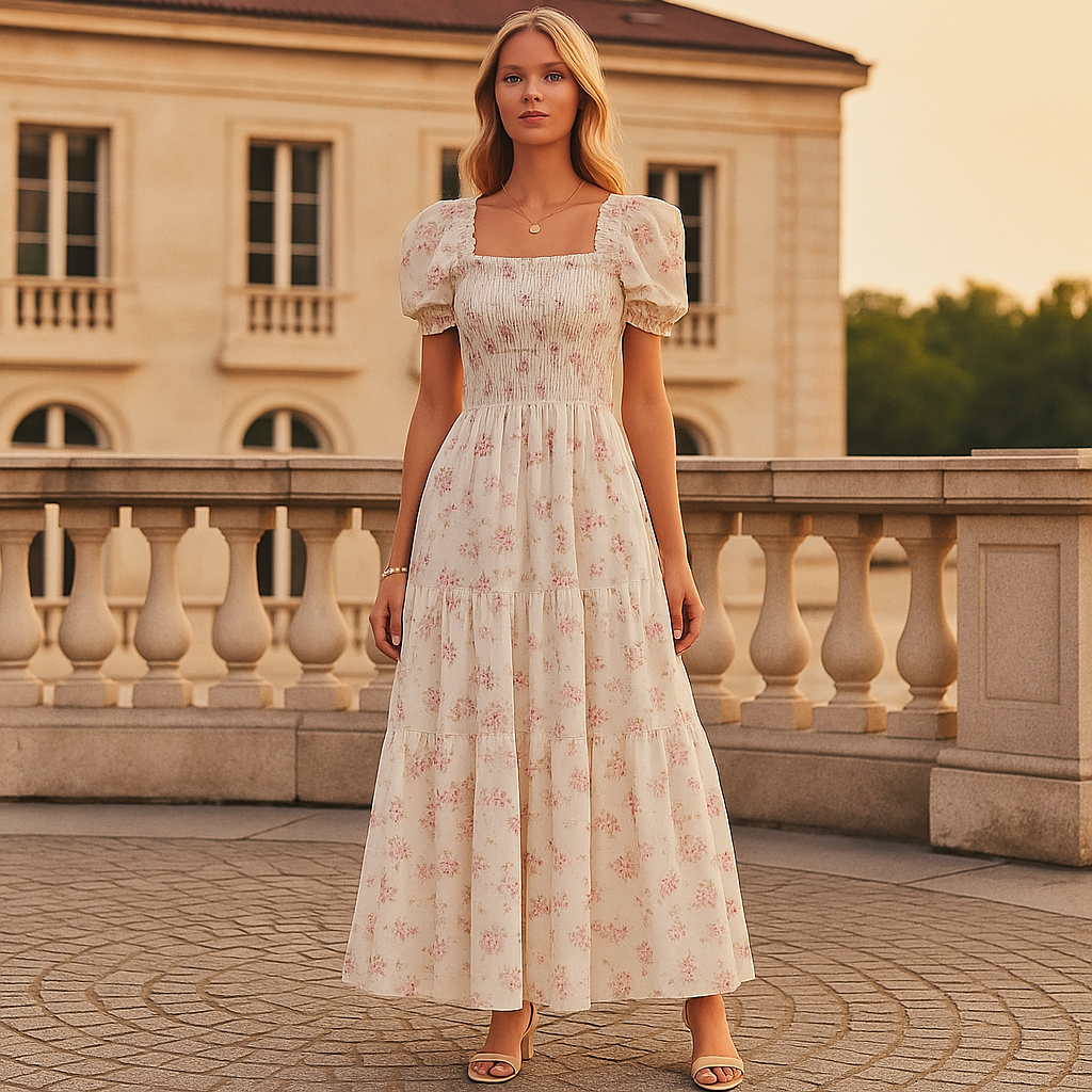 Vestido con Mangas Abullonadas, Estampado Floral