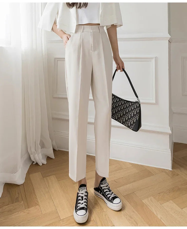 Casual Women Suit Pants Summer Fashion High Waist Black Harem Business Pants Female Korean Style Pocket Thin Nine Point Trousers