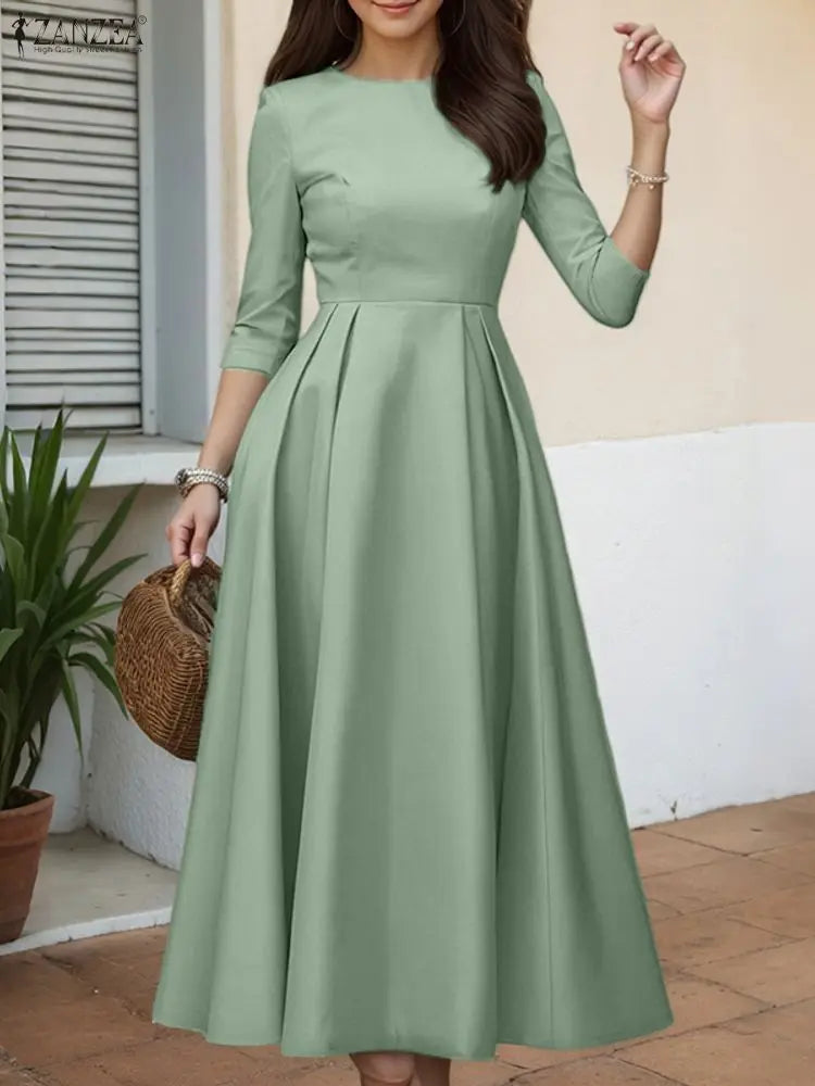 ZANZEA Elegant Maxi Long Dress Women 3/4 Sleeve Office Sundress 2025 Fashion A-Line Party Vestido Solid European Casual Robe