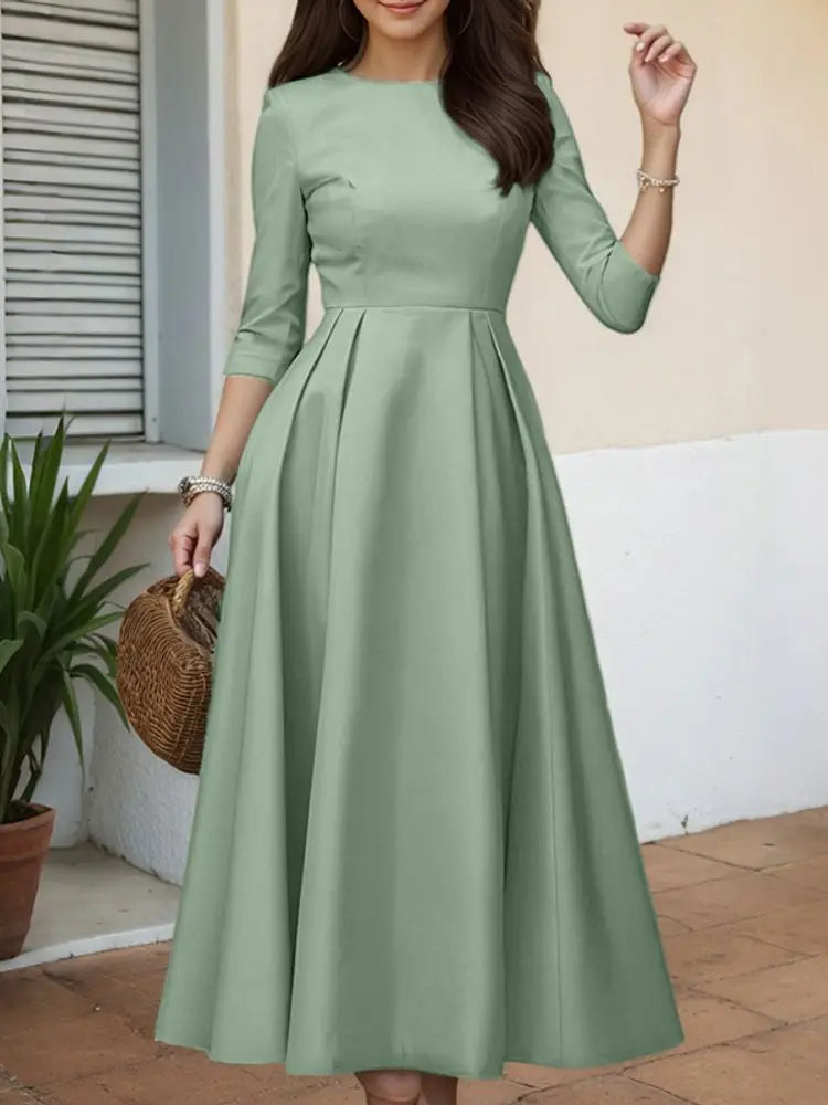ZANZEA Elegant Maxi Long Dress Women 3/4 Sleeve Office Sundress 2025 Fashion A-Line Party Vestido Solid European Casual Robe