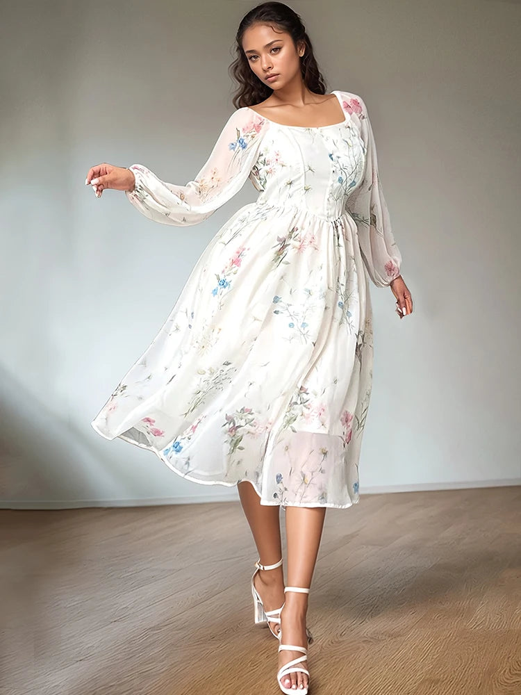 Sexy Semi-Transparent Square Neck Long Sleeve Plus Size Dress Elegant Flower Print Midi Dress On Sale Clearance Party Dresses
