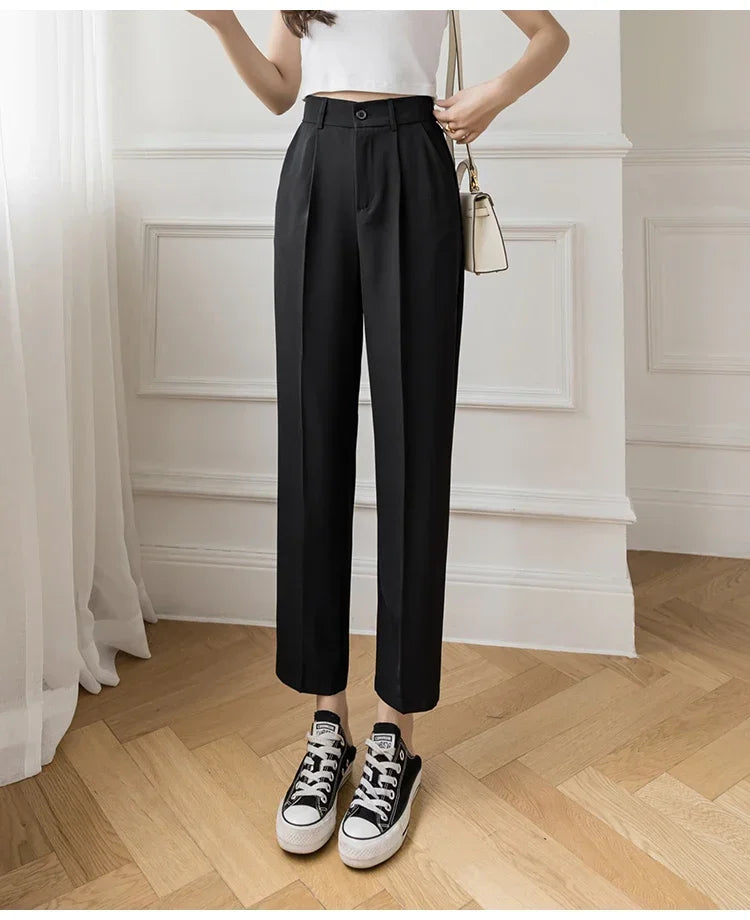Casual Women Suit Pants Summer Fashion High Waist Black Harem Business Pants Female Korean Style Pocket Thin Nine Point Trousers