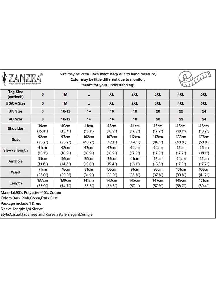 ZANZEA Elegant Maxi Long Dress Women 3/4 Sleeve Office Sundress 2025 Fashion A-Line Party Vestido Solid European Casual Robe