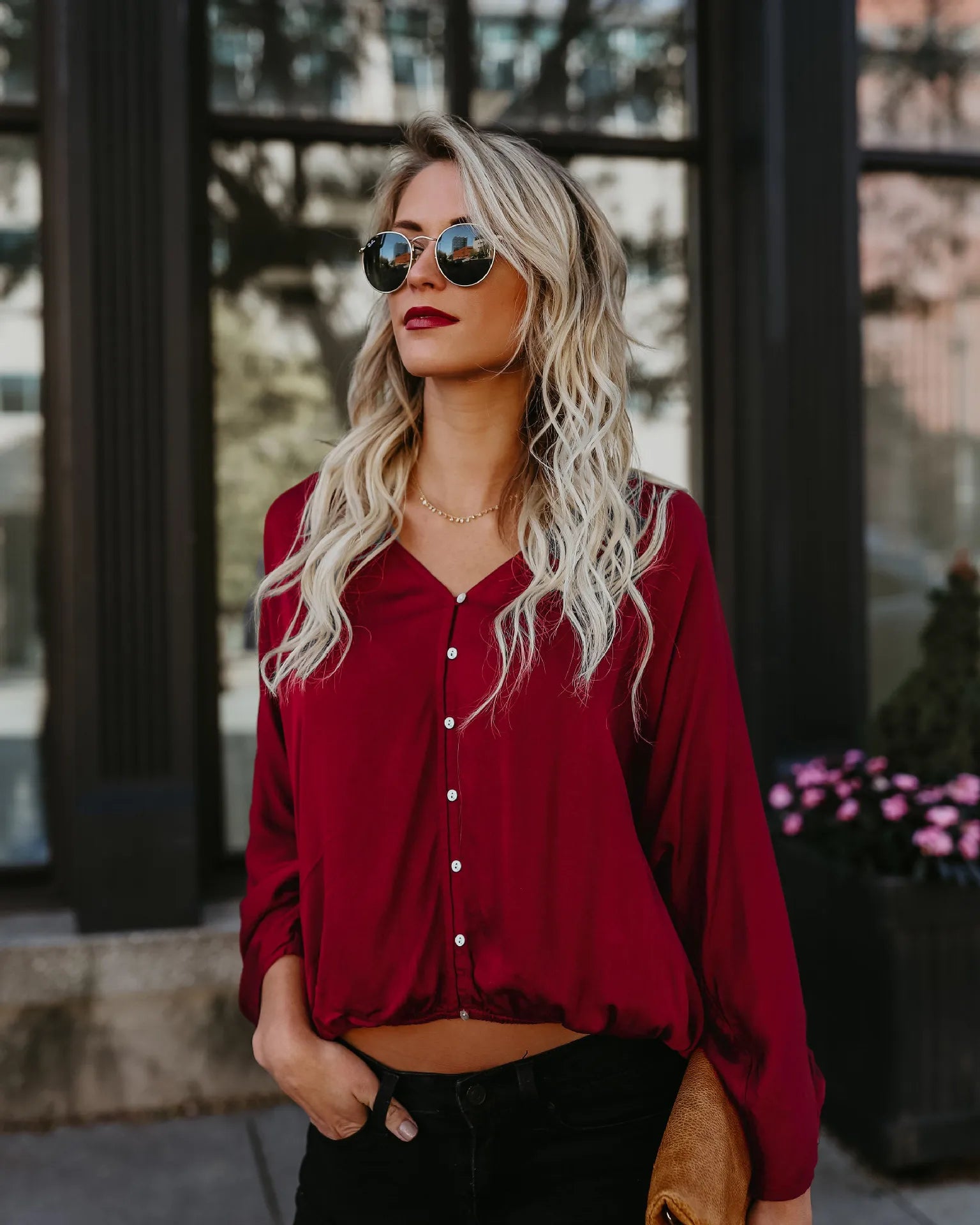 Blusa con Escote en V y Manga Larga Suelta de Chifón