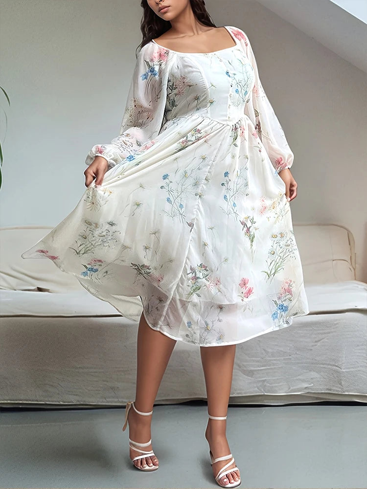 Sexy Semi-Transparent Square Neck Long Sleeve Plus Size Dress Elegant Flower Print Midi Dress On Sale Clearance Party Dresses