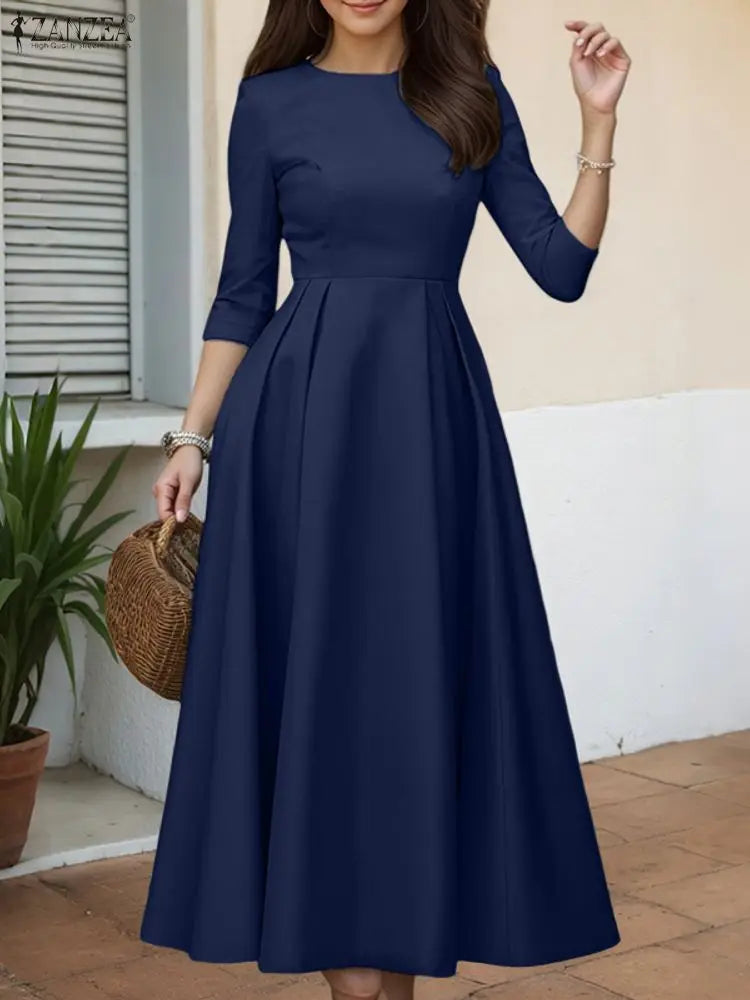 ZANZEA Elegant Maxi Long Dress Women 3/4 Sleeve Office Sundress 2025 Fashion A-Line Party Vestido Solid European Casual Robe