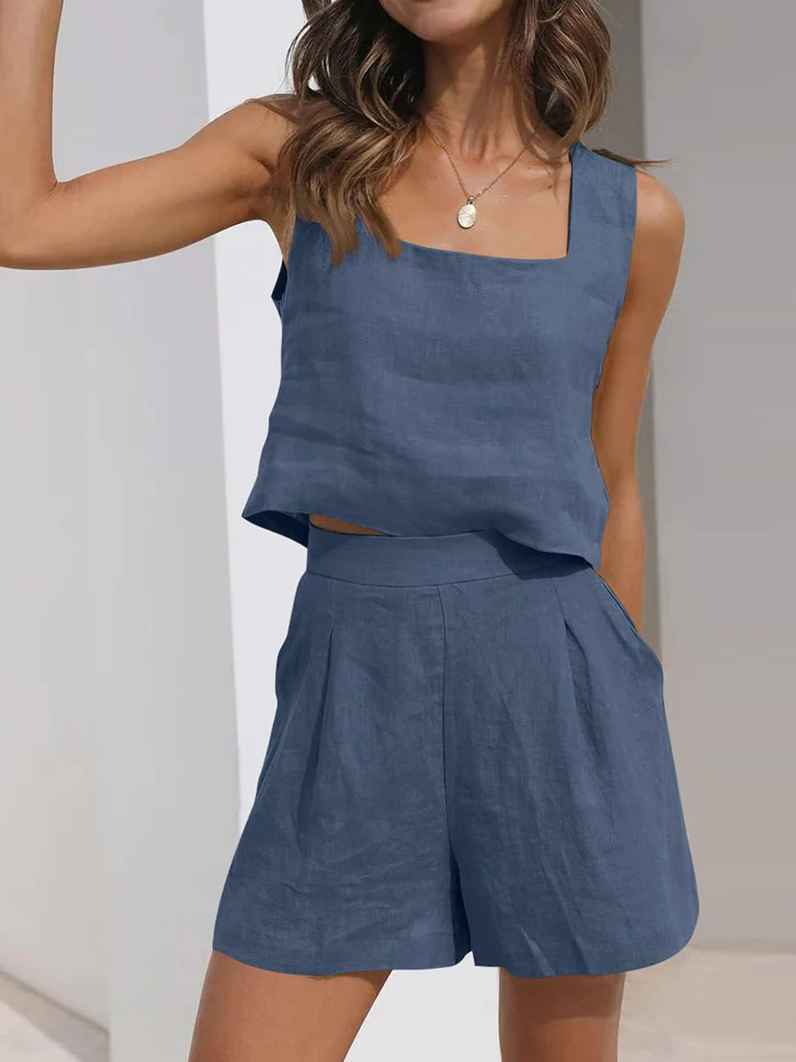 Womens Summer 2 Piece Outfits Lounge Matching Sets Two Piece Linen Shorts Crop Tops 2023 Trendy Clothes Vacation Set 7 Colors