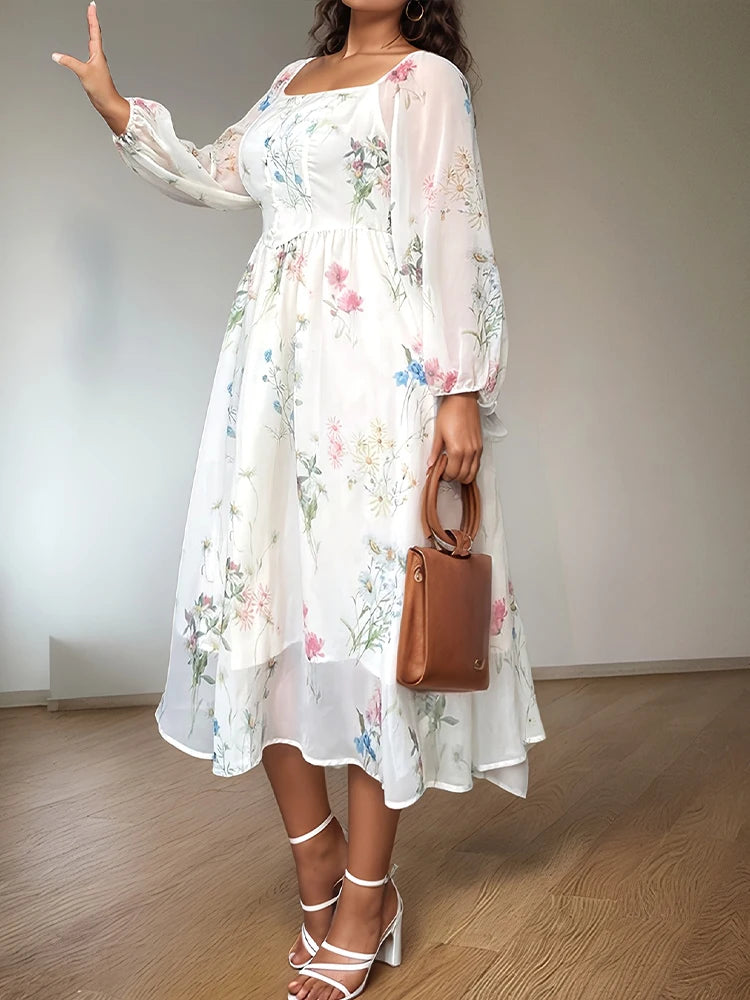 Sexy Semi-Transparent Square Neck Long Sleeve Plus Size Dress Elegant Flower Print Midi Dress On Sale Clearance Party Dresses