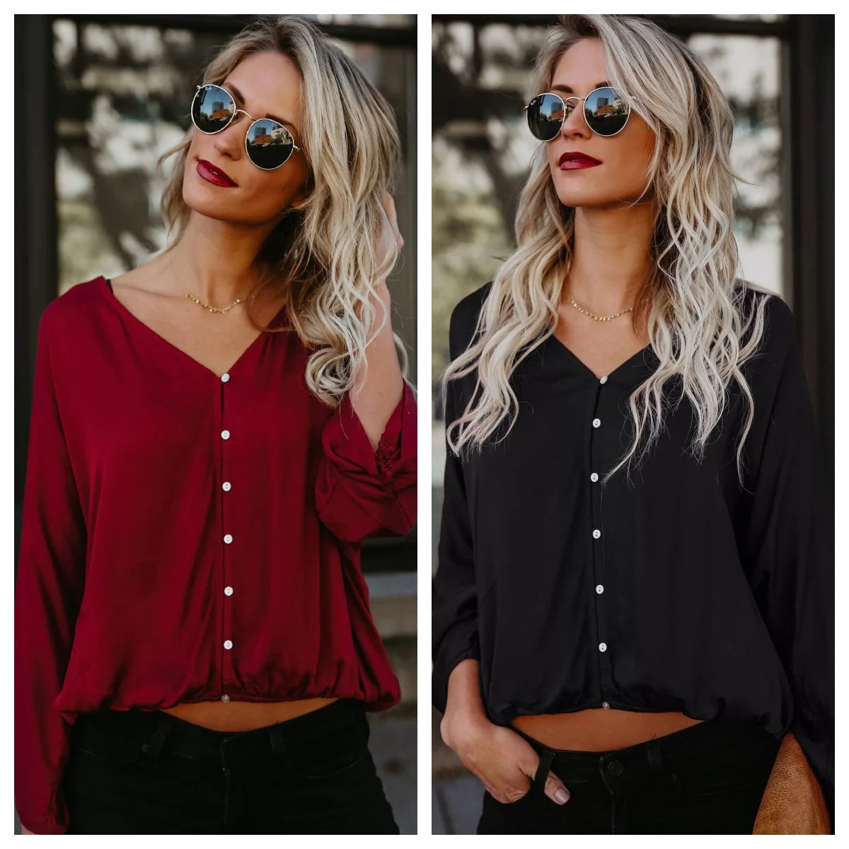 Blusa con Escote en V y Manga Larga Suelta de Chifón