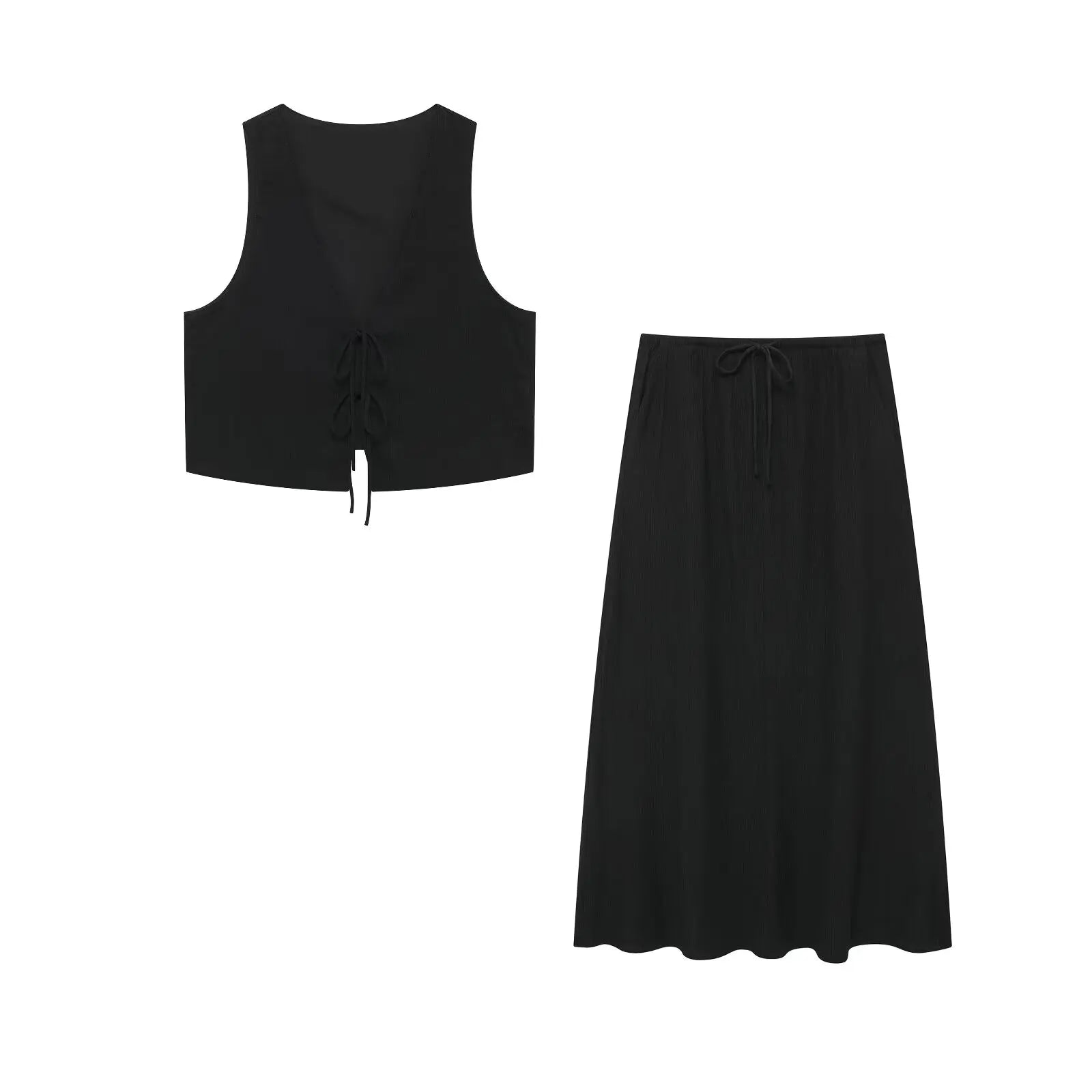 Conjunto de falda y chaleco sin mangas con cuello en V