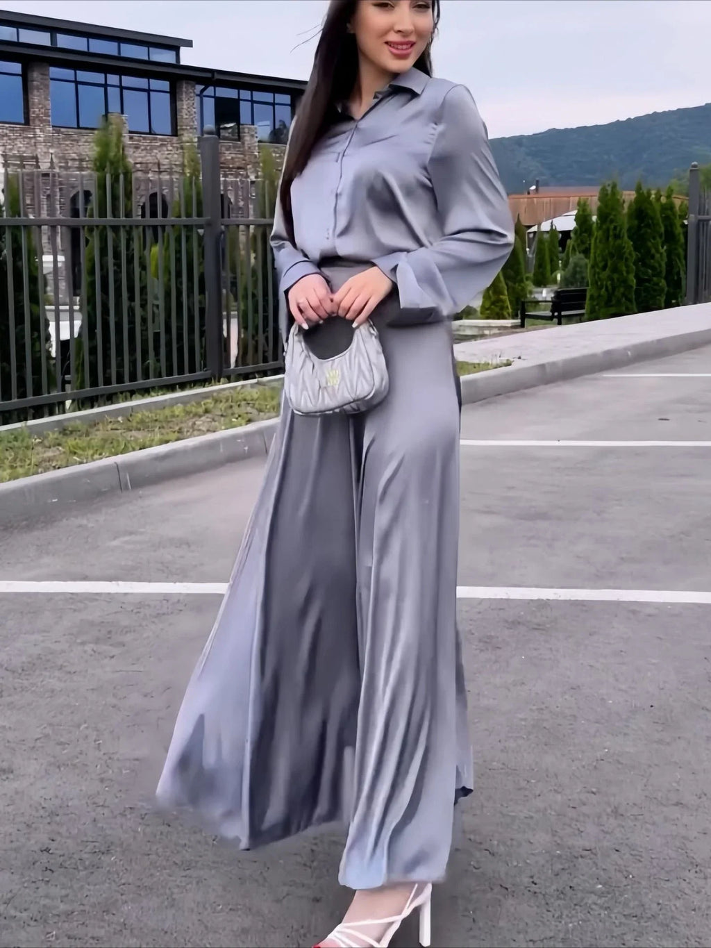 Conjunto Camisa de Manga Larga con Botones y Falda Larga, Cintura Alta