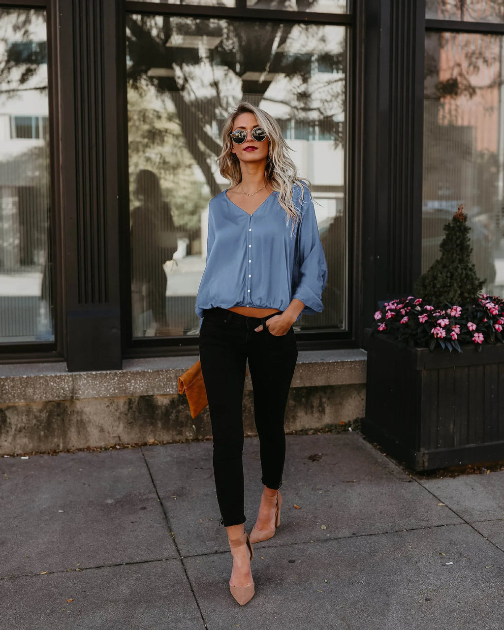 Blusa con Escote en V y Manga Larga Suelta de Chifón