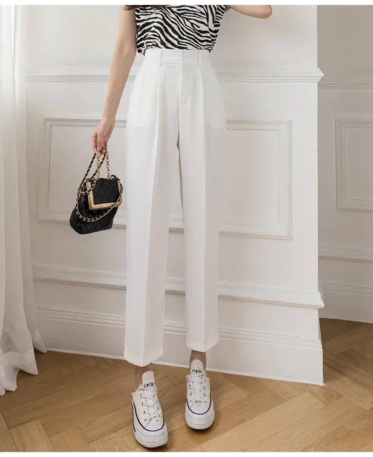 Casual Women Suit Pants Summer Fashion High Waist Black Harem Business Pants Female Korean Style Pocket Thin Nine Point Trousers