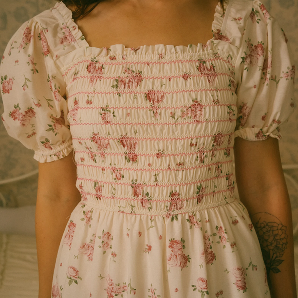 Vestido con Mangas Abullonadas, Estampado Floral