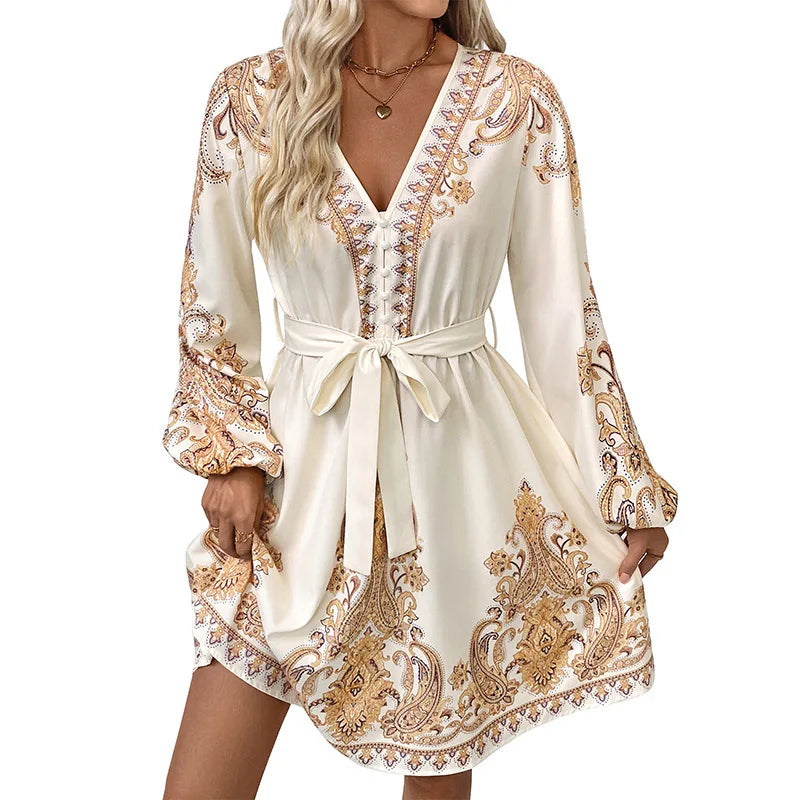 Vestido con escote en V y mangas largas estampado