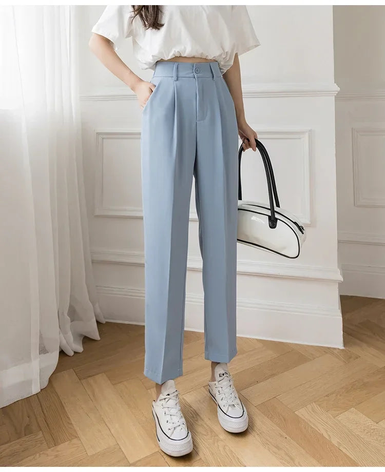 Casual Women Suit Pants Summer Fashion High Waist Black Harem Business Pants Female Korean Style Pocket Thin Nine Point Trousers