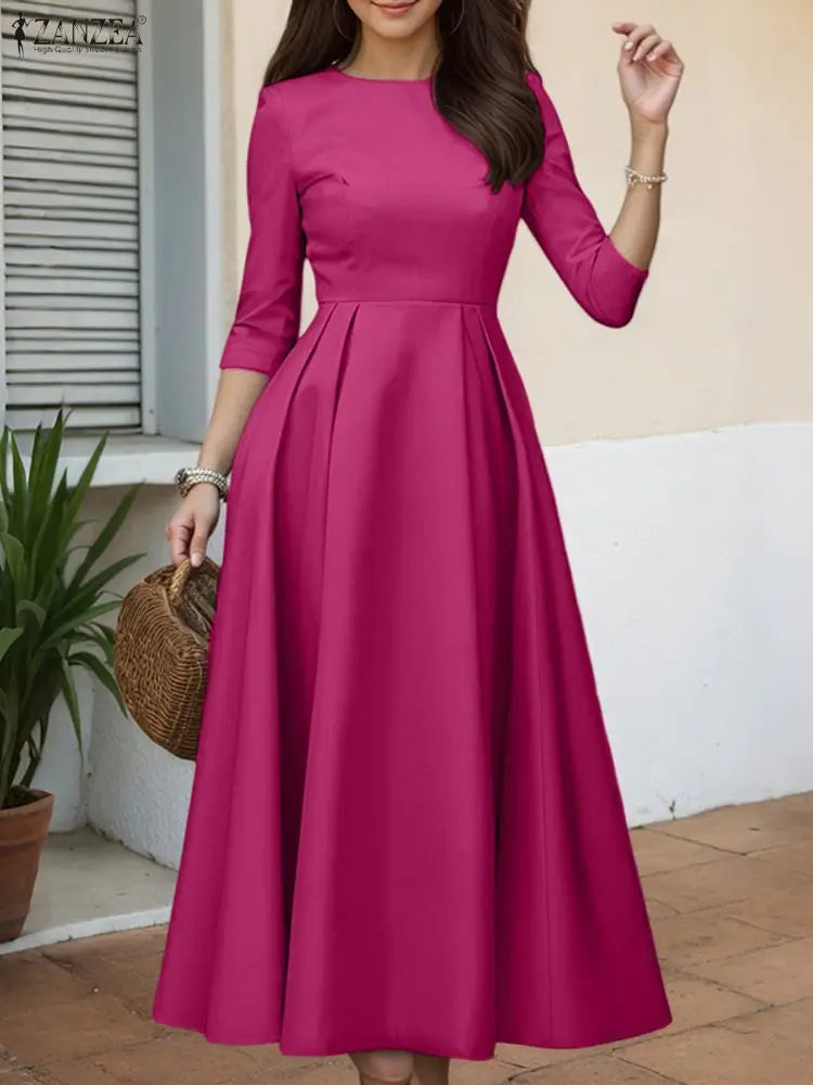ZANZEA Elegant Maxi Long Dress Women 3/4 Sleeve Office Sundress 2025 Fashion A-Line Party Vestido Solid European Casual Robe