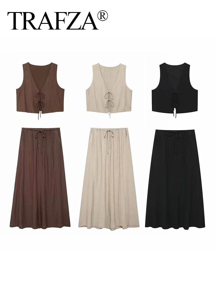 Conjunto de falda y chaleco sin mangas con cuello en V