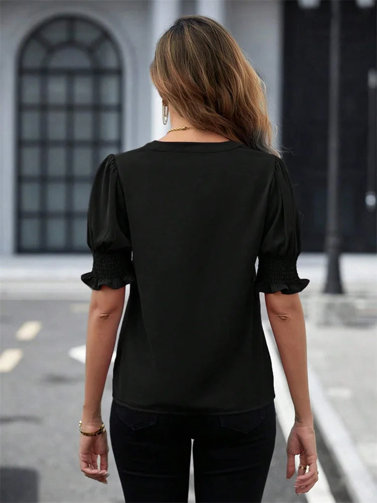 Women Summer Style Blouses Shirts Lady Casual Short Puff Sleeve V-Neck Solid Color Blouse Tops DF5015