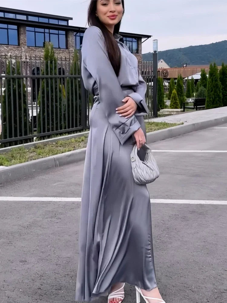 Conjunto Camisa de Manga Larga con Botones y Falda Larga, Cintura Alta